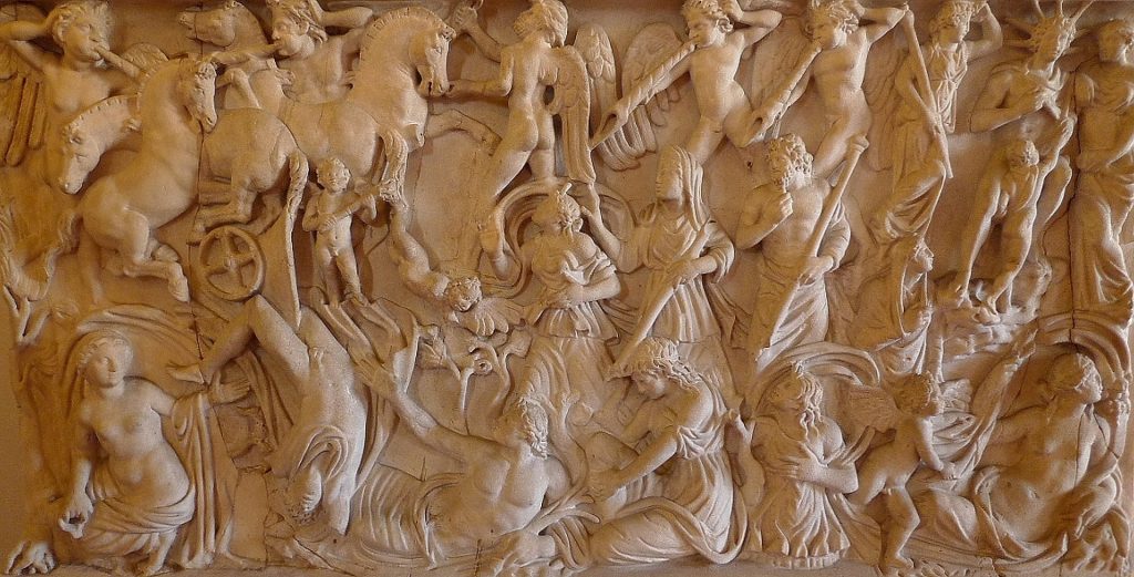 Helios (far right) in a Phaethon sarcophagus, detail, marble, third century AD, Verona, Italy.

