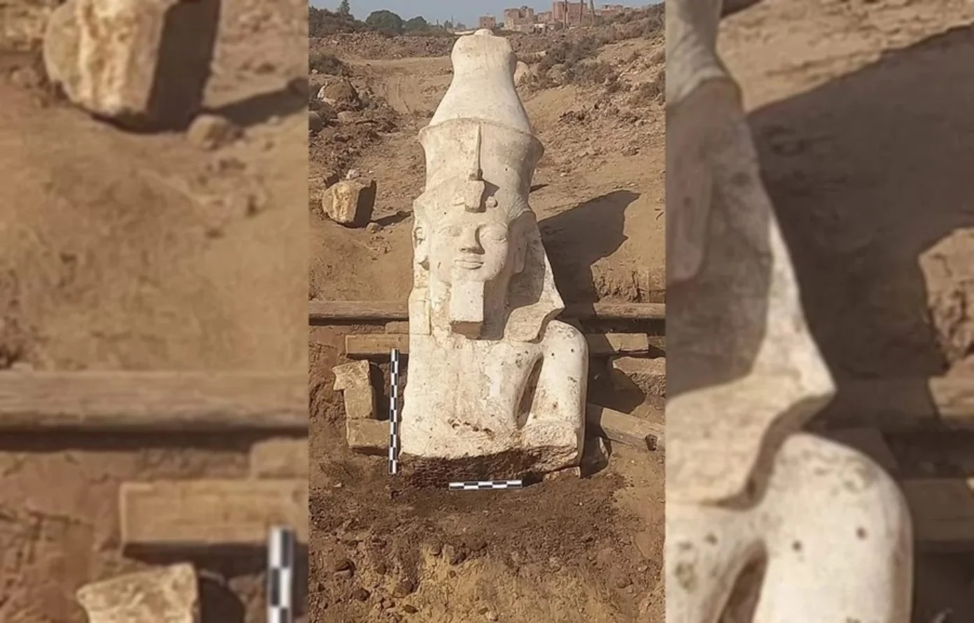 The upper part of a giant statue of Ramses II, one of the greatest pharaohs of Egypt, has been unearthed