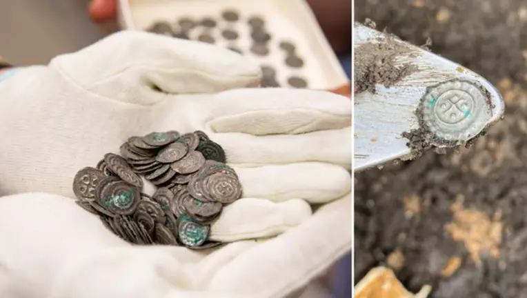 Archaeologists uncover 850-year-old 170 silver medieval coins in an ancient grave, in Sweden