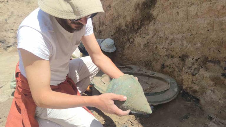 Three bronze shields and a bronze helmet dedicated to the Urartian “god” Haldi discovered in Ayanis fortress..